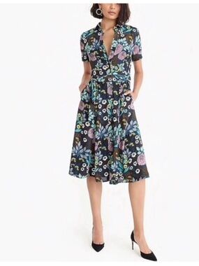 J. Crew Black Floral Collared Midi Dress with Blue and Pink Accents